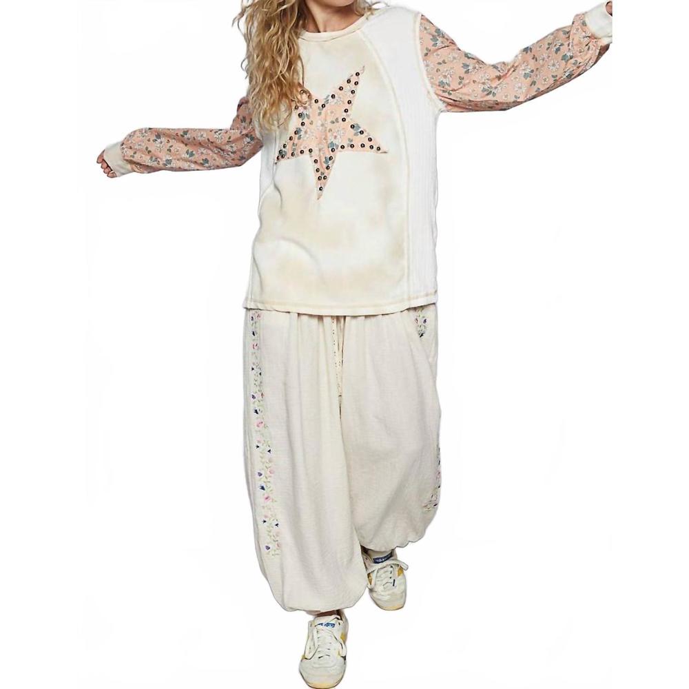 NEW POL stella star-stitch knit top in cream multi